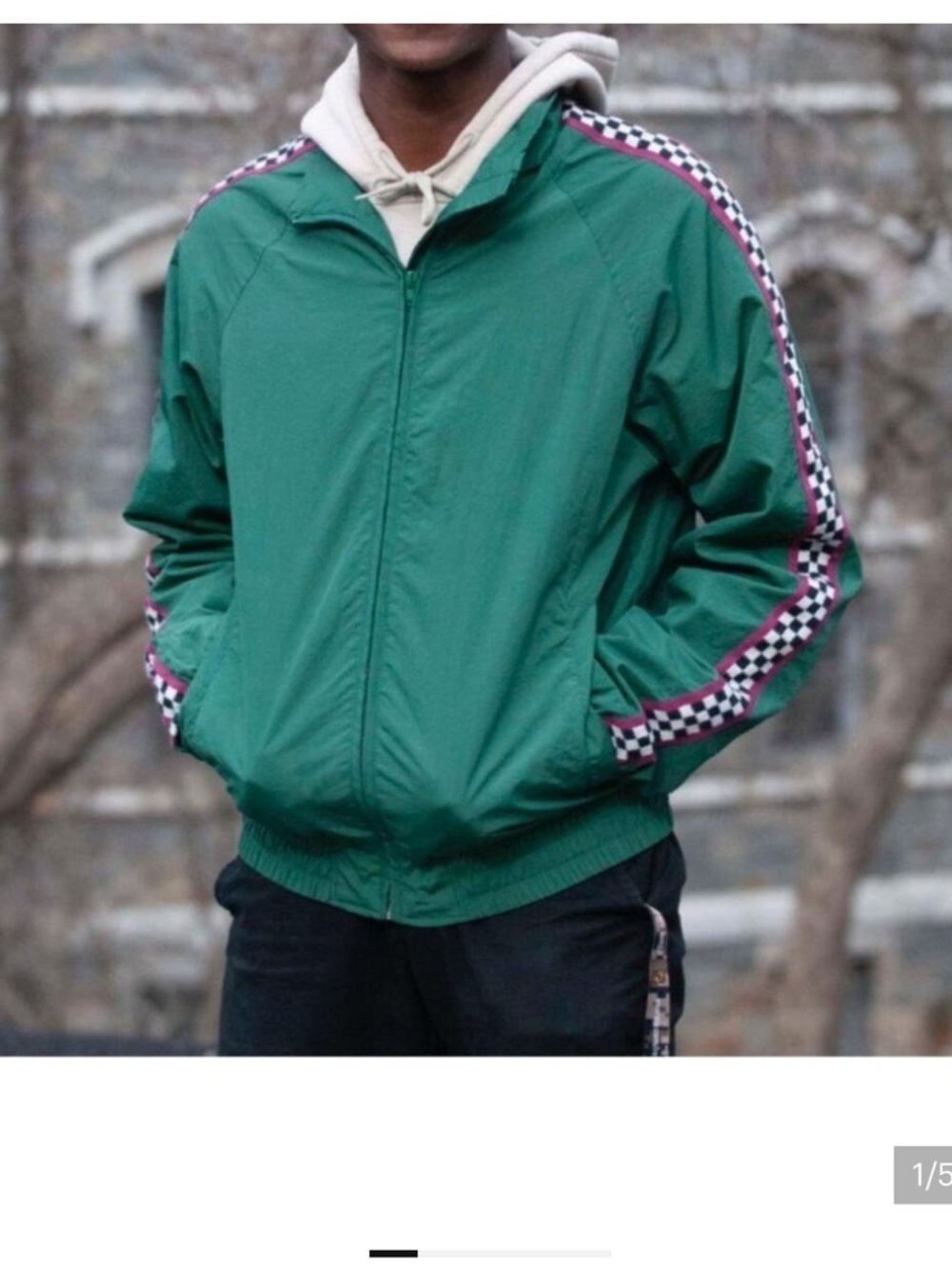 Urban Outfitters Green Windbreaker with Checkerboard Sleeve Trim Size Small
